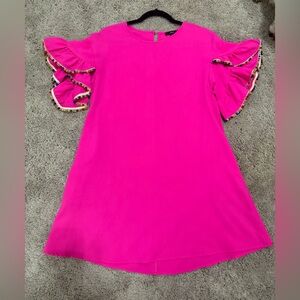 Very J Hot Pink Ruffle Sleeve Dress with Colorful Trim